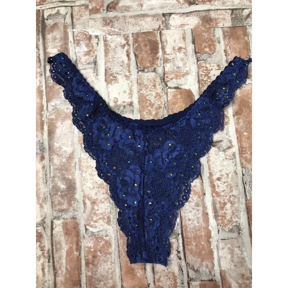 RARE BLUE RHINESTONE LACE PANTY THONG SIZE MEDIUM SHINY
